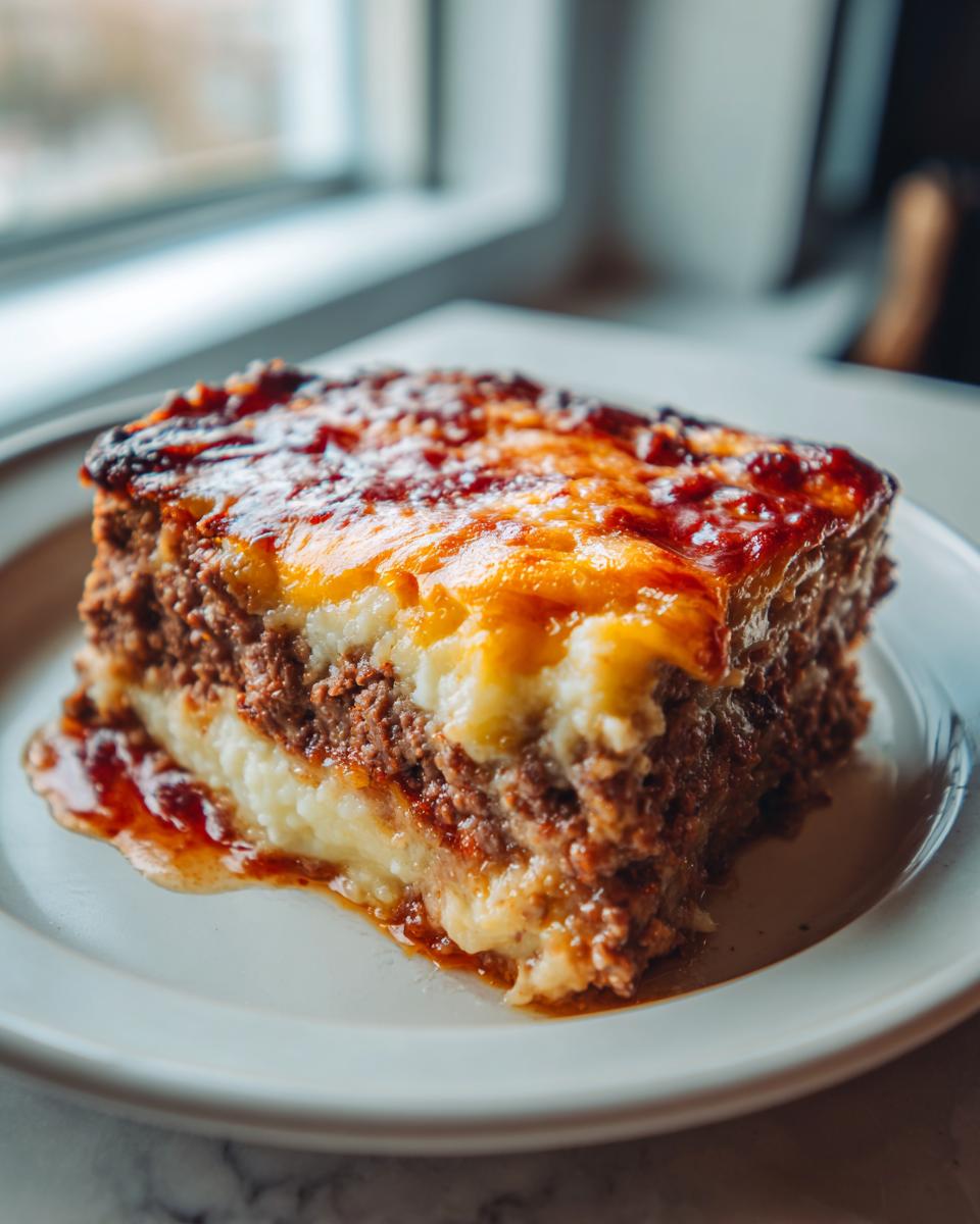 A thick, layered slice of meatloaf casserole with meat, mashed potatoes, and a browned cheesy topping.