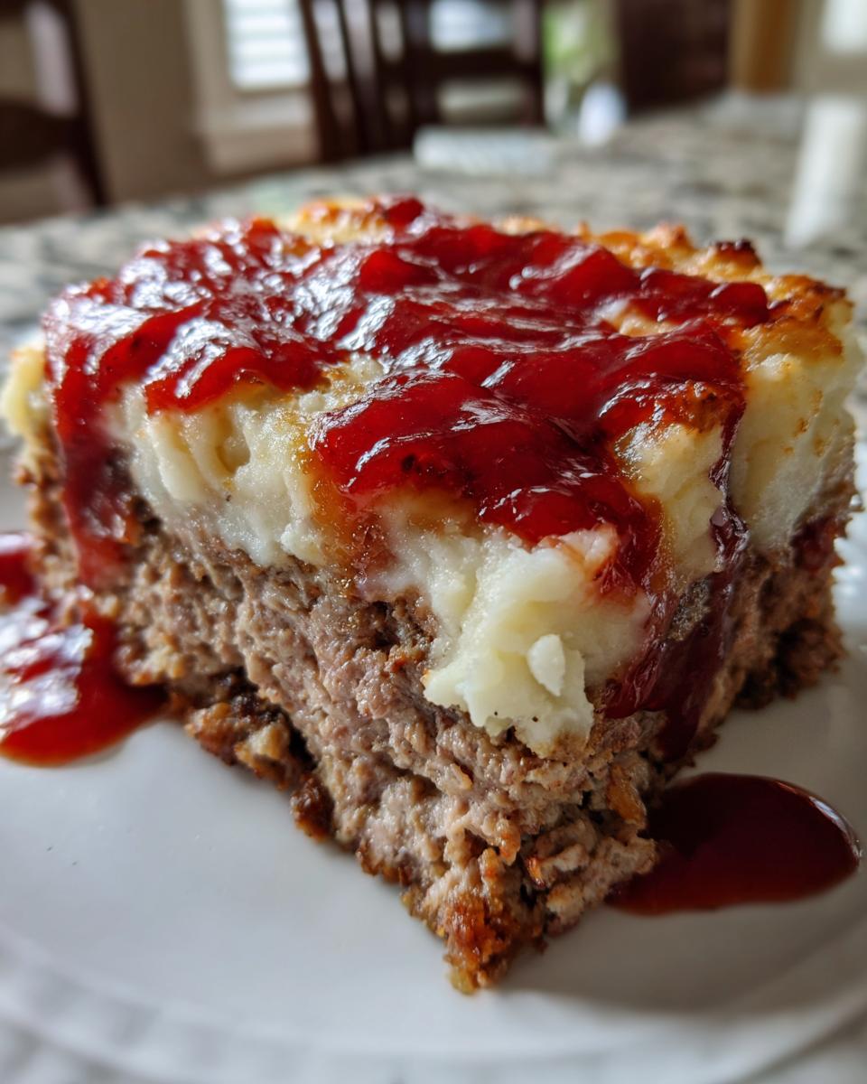 Close-up of a thick slice of meatloaf casserole with mashed potatoes and a ketchup glaze.
