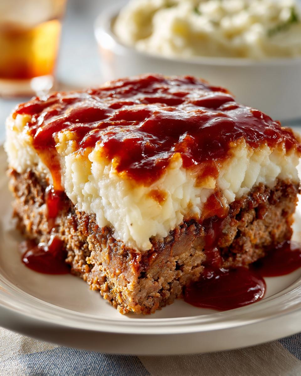A thick slice of meatloaf casserole topped with creamy mashed potatoes and drizzled with ketchup glaze.