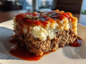 A close-up serving of meatloaf casserole with mashed potatoes, topped with ketchup and herbs.