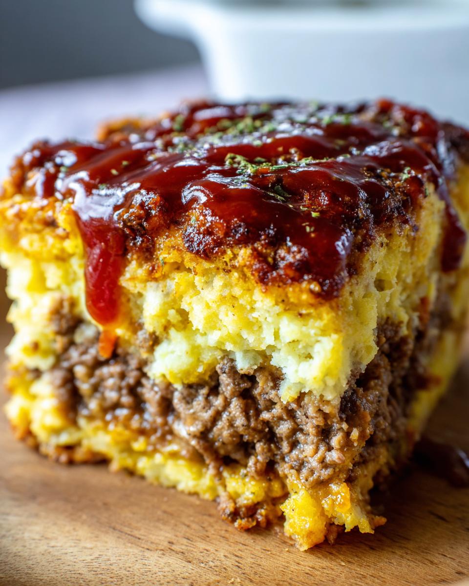 Close-up of a layered meatloaf casserole with mashed potatoes topping, drizzled with BBQ sauce.