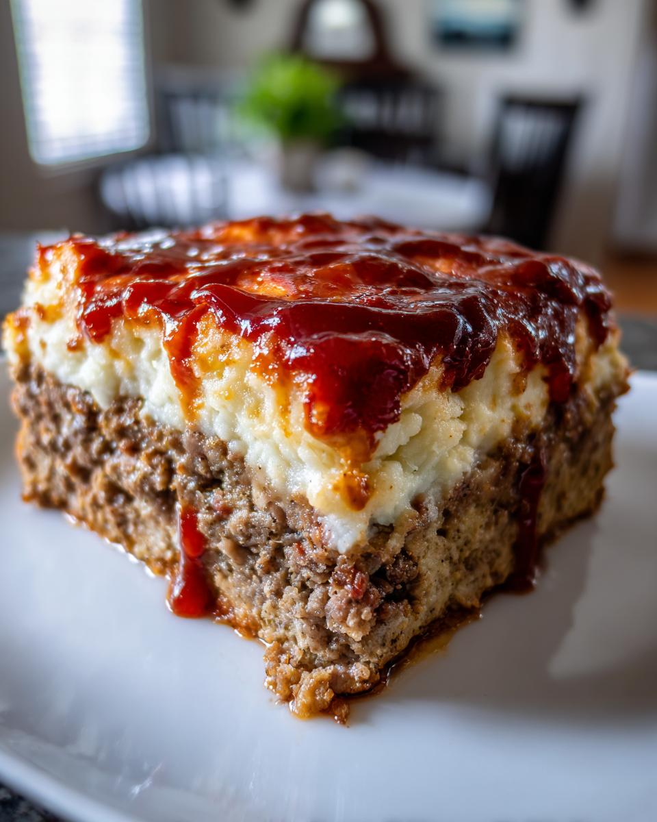 A close-up, savory slice of meatloaf casserole with mashed potatoes and a thick layer of ketchup glaze.