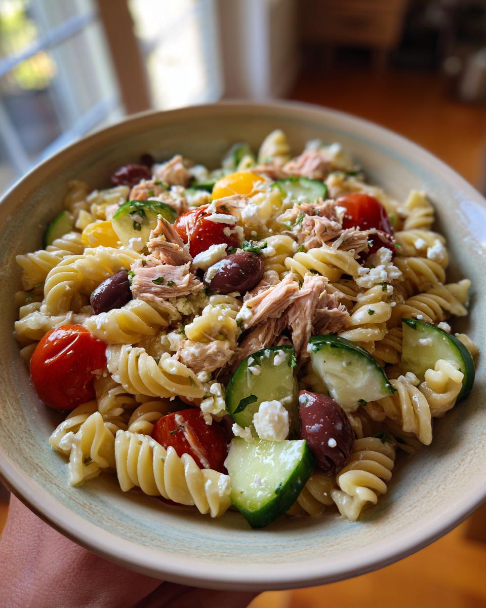 Close-up of a bowl filled with mediterranean tuna pasta salad featuring rotini, tuna, cucumbers, tomatoes, and olives.