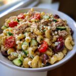 A close-up view of a bowl filled with mediterranean tuna pasta salad featuring elbow macaroni, tuna, cucumbers, tomatoes, and feta.