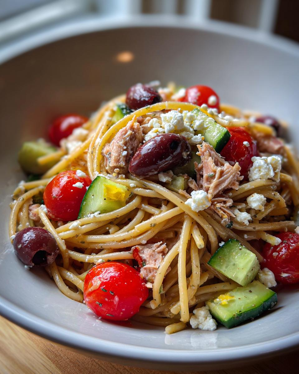 Close-up of spaghetti tossed with tuna, cherry tomatoes, cucumbers, olives, and feta cheese in a mediterranean tuna pasta salad.