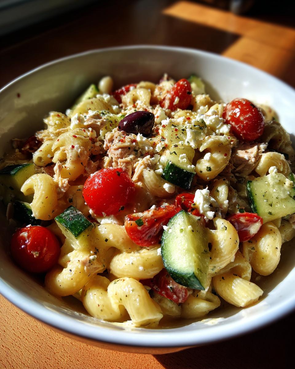 A close-up shot of a bowl filled with mediterranean tuna pasta salad, featuring elbow macaroni, cherry tomatoes, cucumber, and feta cheese.