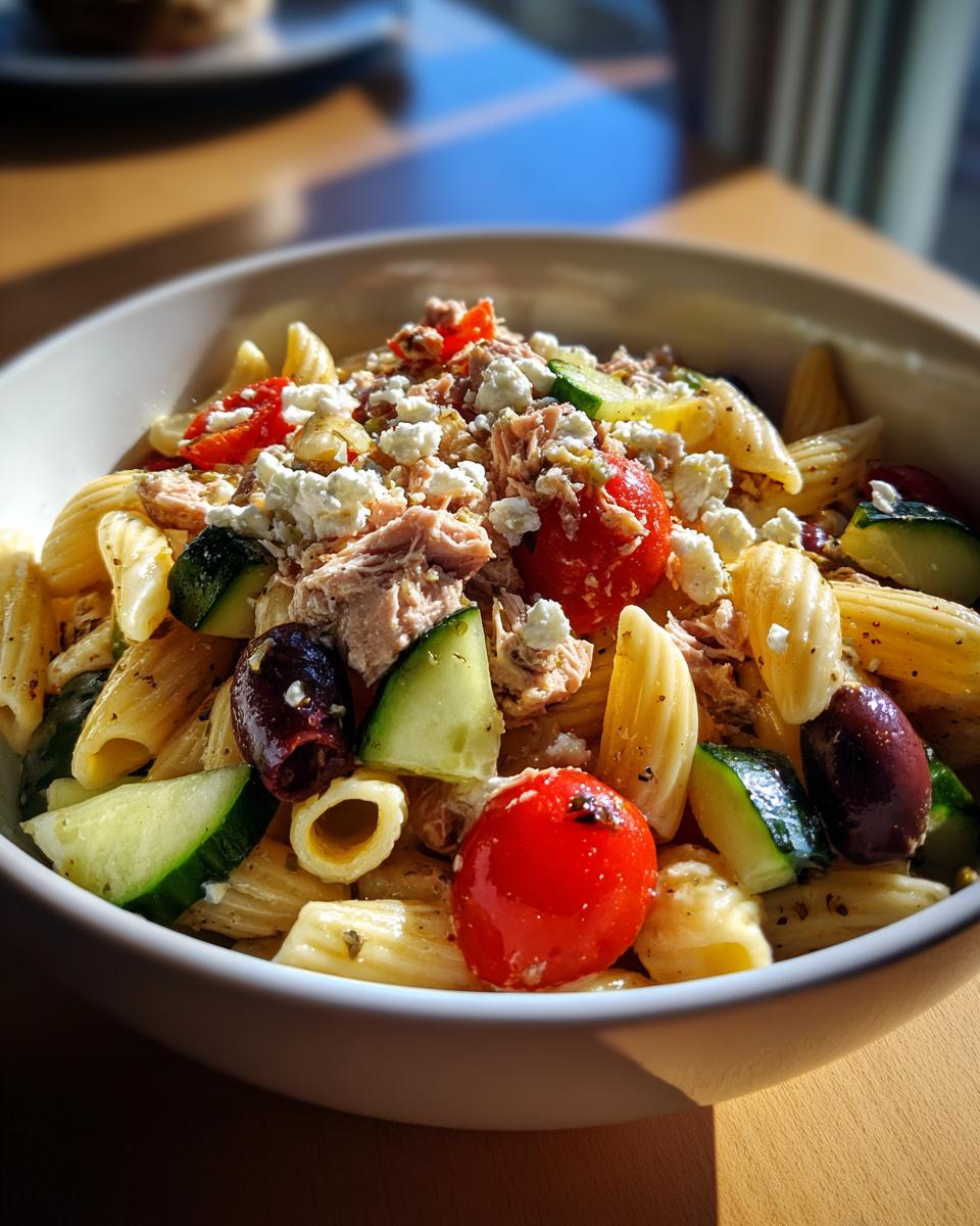 A close-up of a vibrant mediterranean tuna pasta salad featuring penne pasta, tuna, cucumber, tomatoes, olives, and feta cheese.