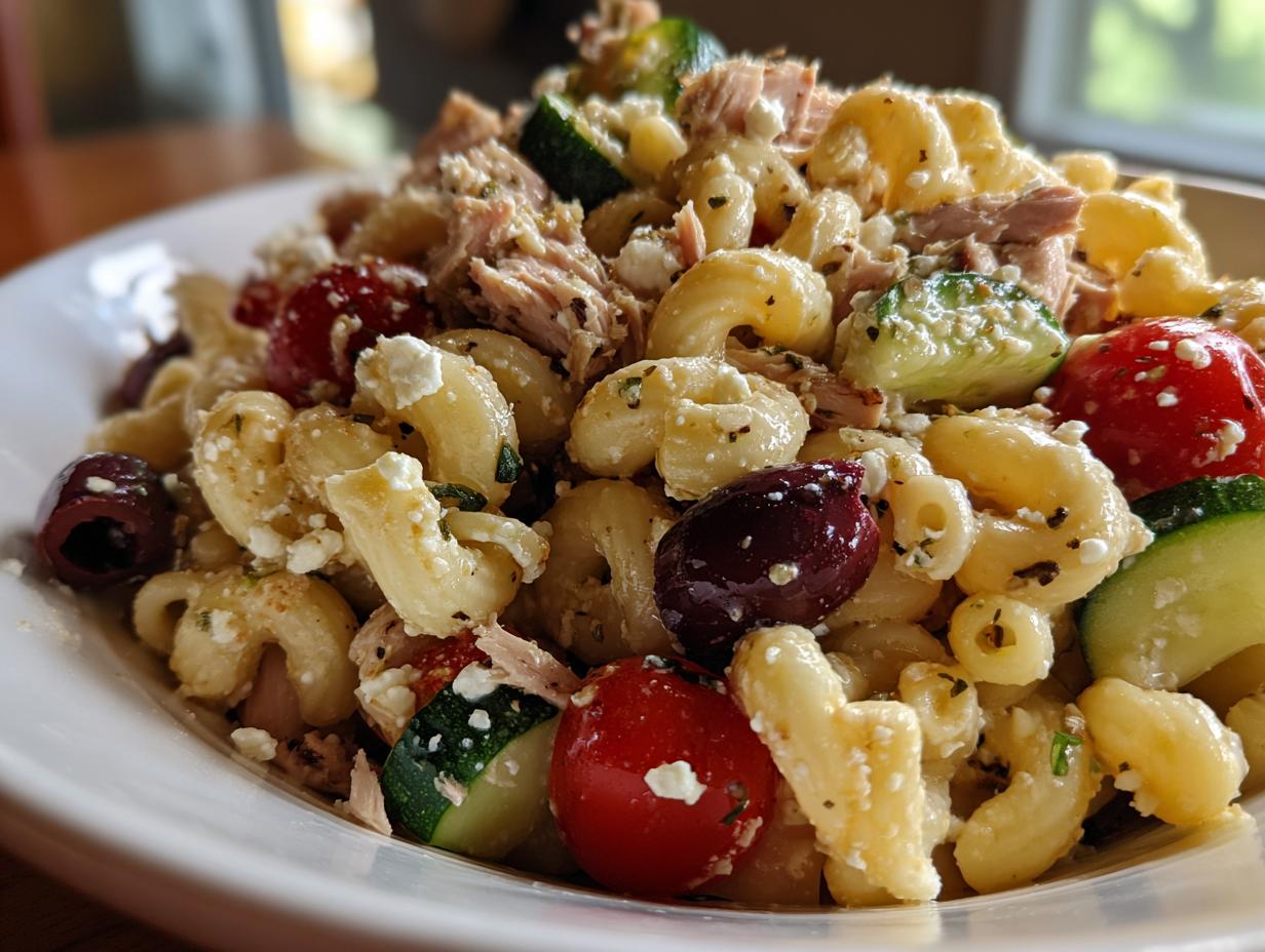 Close-up of a bowl filled with mediterranean tuna pasta salad featuring elbow macaroni, tuna chunks, feta cheese, olives, and cucumber.