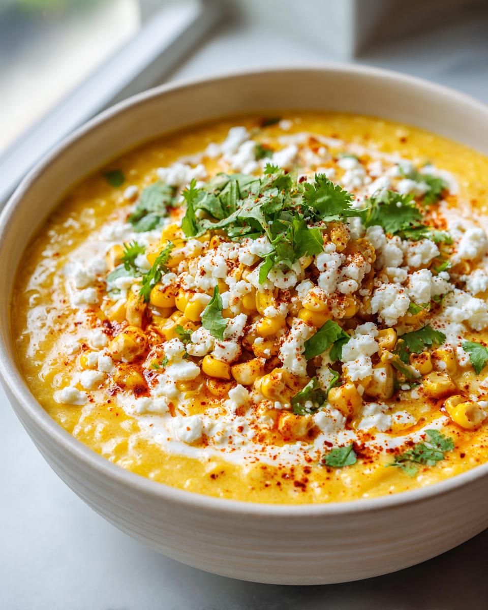 Close-up of a creamy, yellow Mexican street corn soup topped with whole corn kernels, cotija cheese, chili powder, and cilantro.
