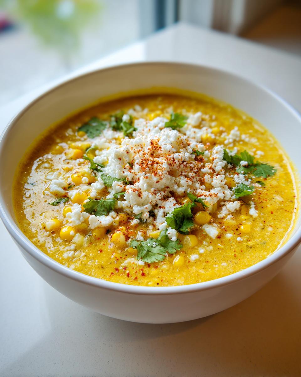 A close-up of a white bowl filled with creamy, yellow mexican street corn soup, topped with crumbled cheese and cilantro.