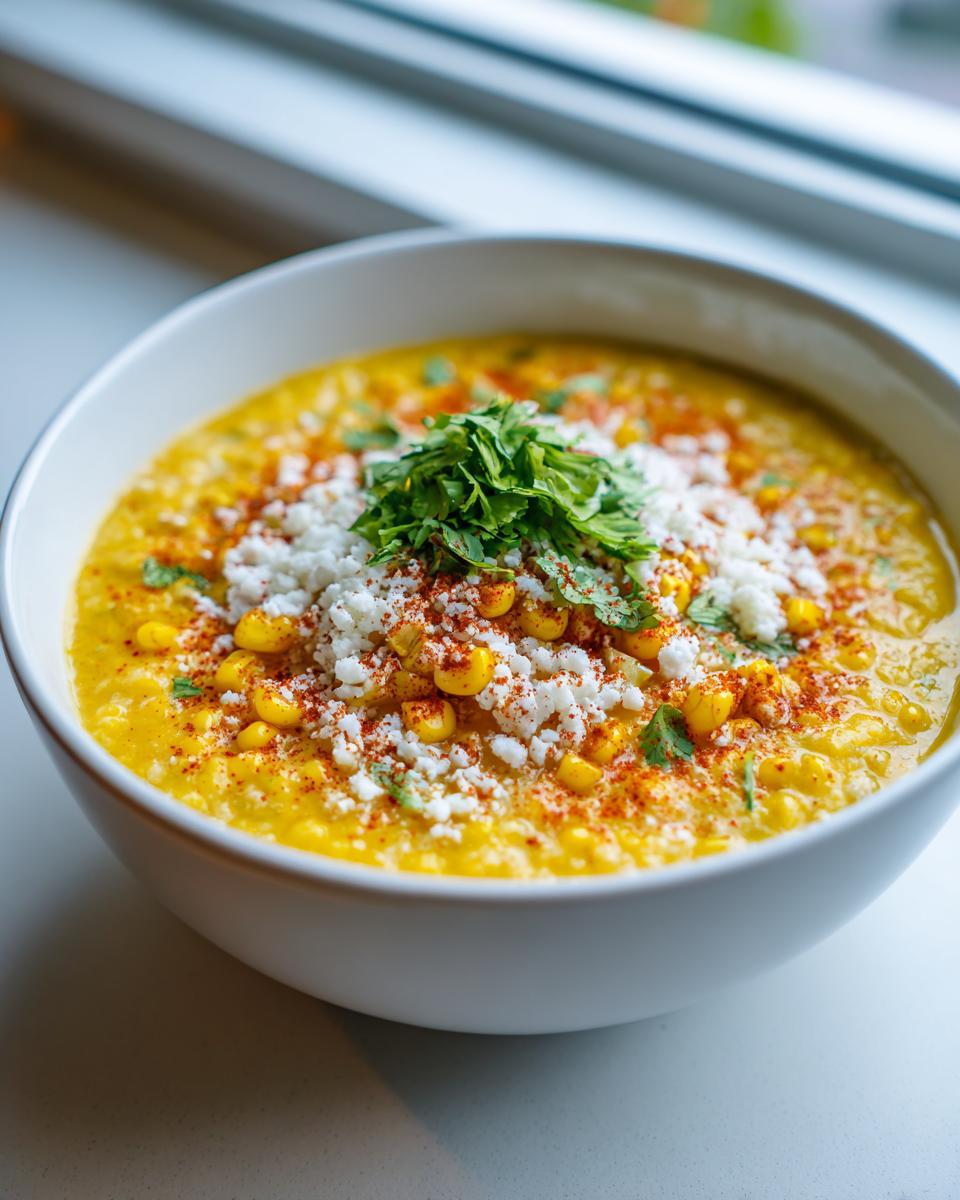 A close-up of a white bowl filled with creamy, yellow mexican street corn soup, topped with cotija cheese, chili powder, and cilantro.