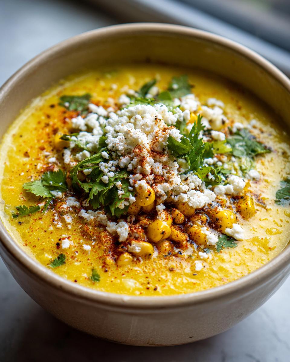 Close-up of a bowl of creamy yellow mexican street corn soup topped with cotija cheese, cilantro, and chili powder.