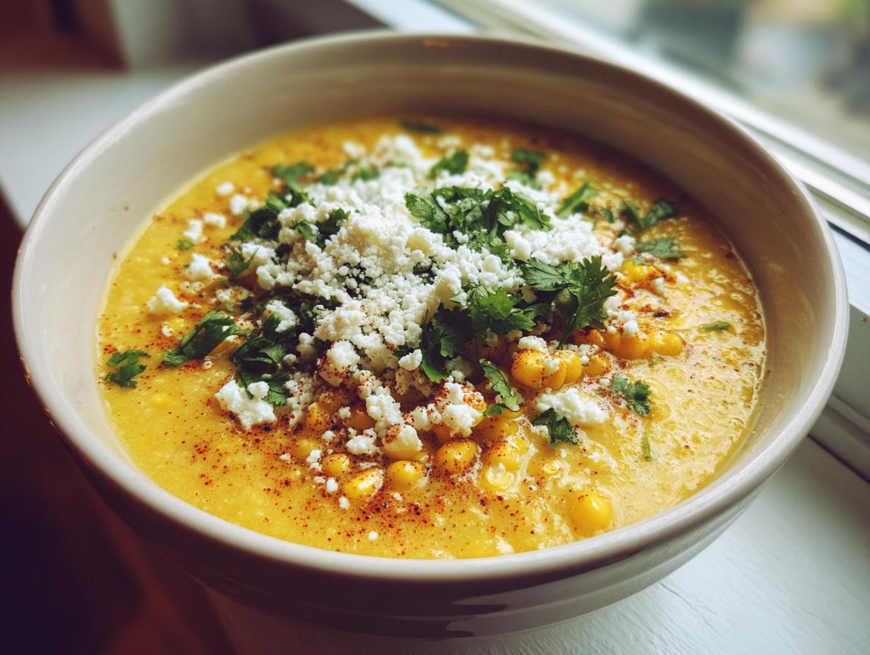 A close-up of a creamy, yellow mexican street corn soup topped with crumbled white cheese and fresh cilantro.