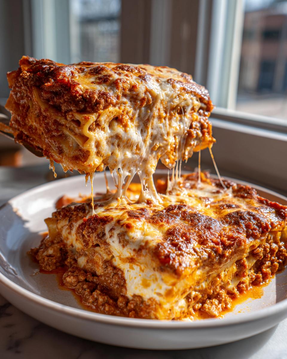 A serving of million dollar baked ziti being lifted, showing dramatic, long cheese pulls over the rich meat sauce.