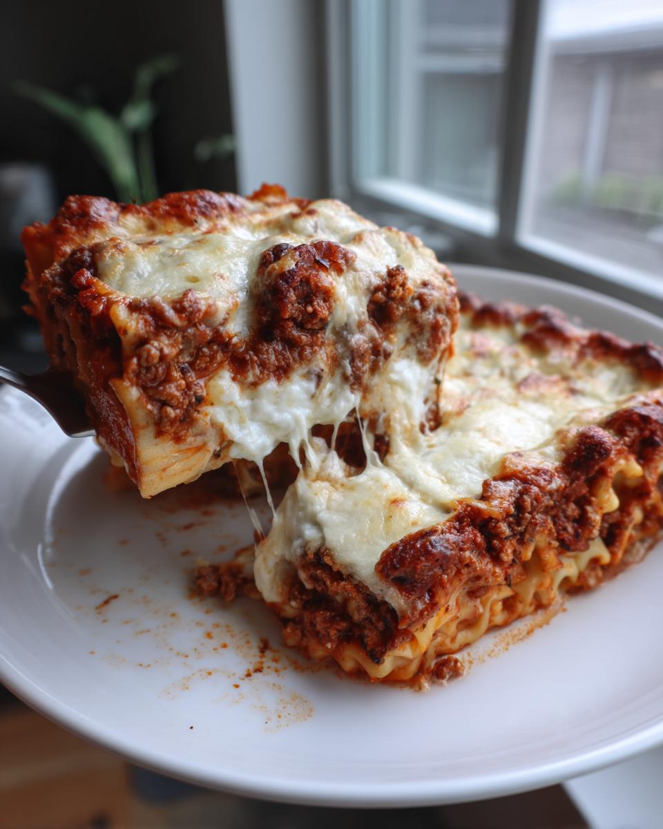 A serving of million dollar baked ziti being lifted, showing long, gooey cheese pulls over rich meat sauce.