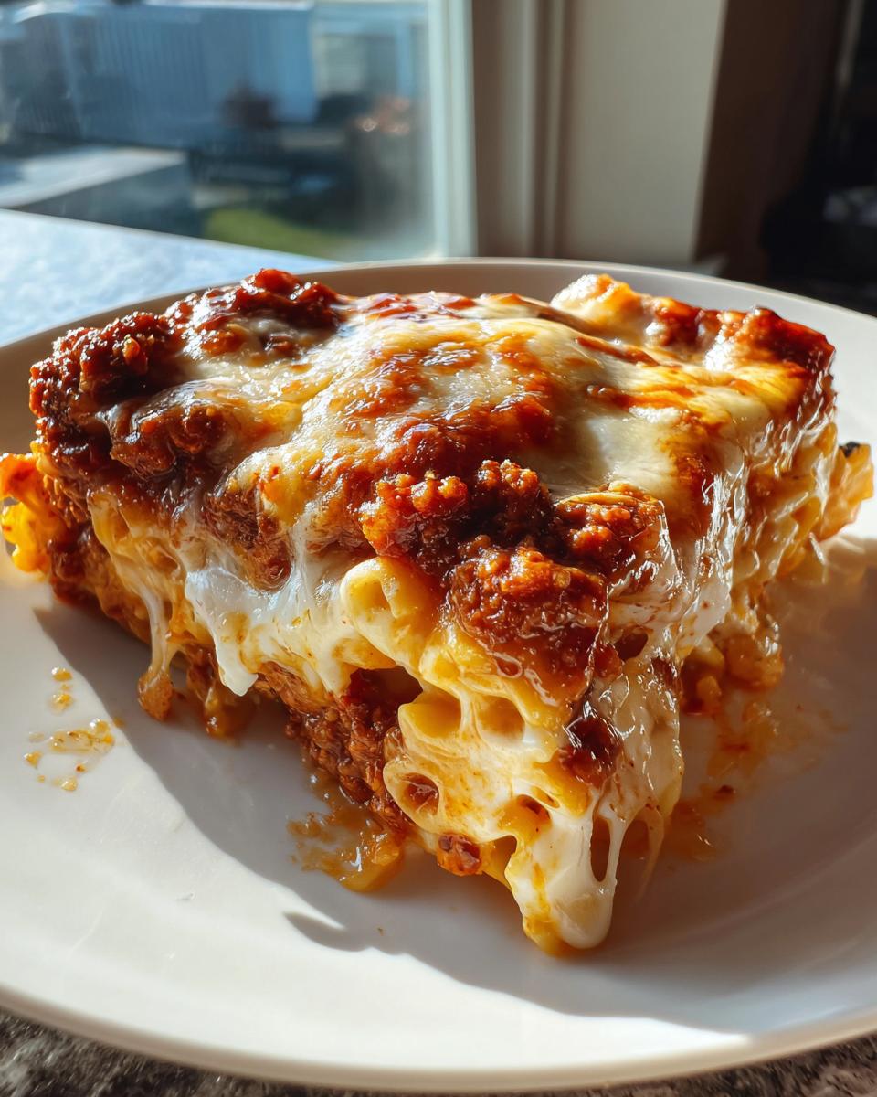 A generous slice of million dollar baked ziti featuring gooey, melted cheese dripping over rich meat sauce and pasta.