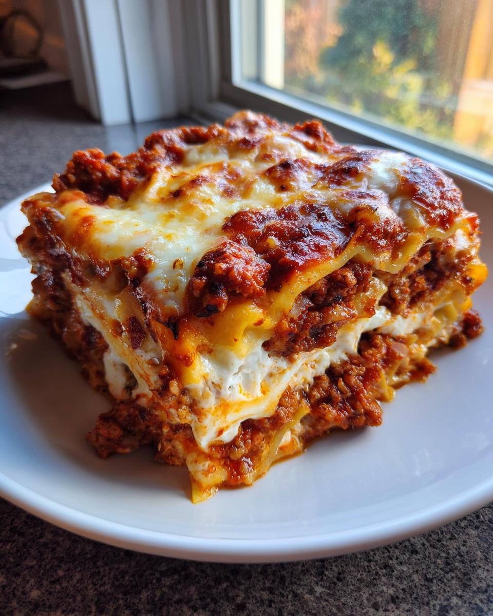 A thick, layered slice of million dollar baked ziti with rich meat sauce and melted, bubbly cheese topping on a white plate.