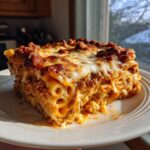 A thick, cheesy slice of million dollar baked ziti with a browned, bubbly top, served on a white plate.
