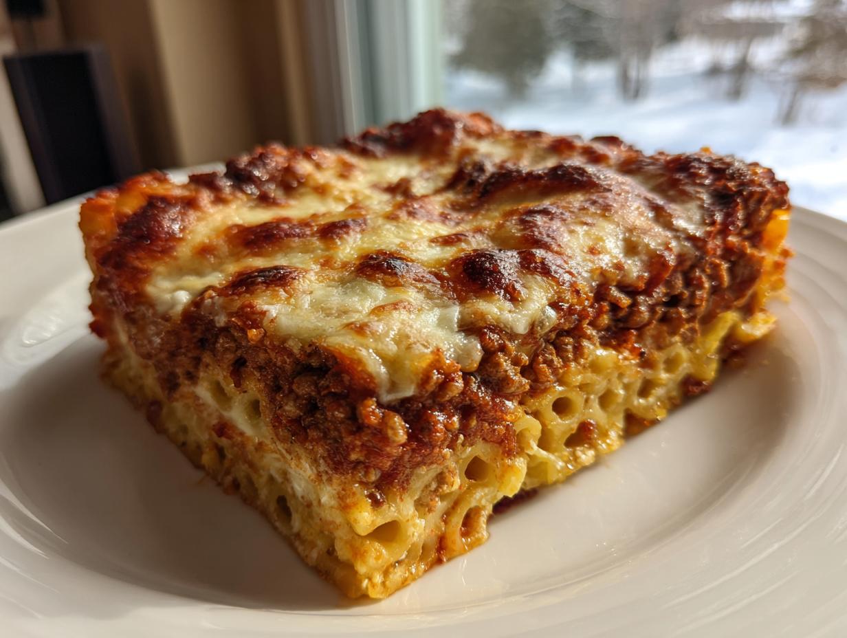 A perfectly baked square slice of million dollar baked ziti with a rich meat sauce and bubbly, browned cheese topping.