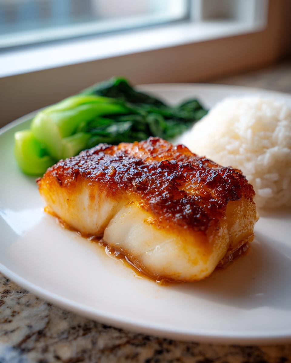 Close-up of a perfectly cooked miso glazed chilean sea bass recipe fillet served with rice and bok choy.