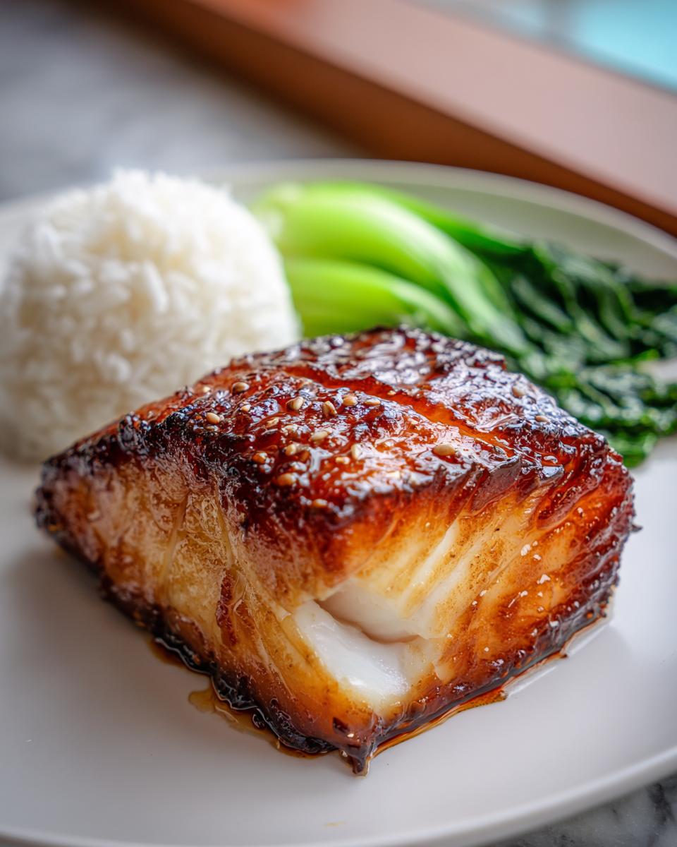Close-up of a thick, perfectly cooked miso glazed chilean sea bass recipe fillet with a caramelized top, served with rice and bok choy.