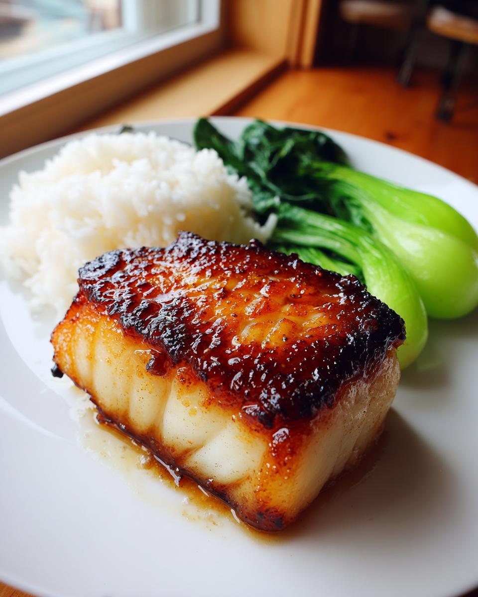 A perfectly cooked piece of miso glazed chilean sea bass recipe served with white rice and steamed bok choy.