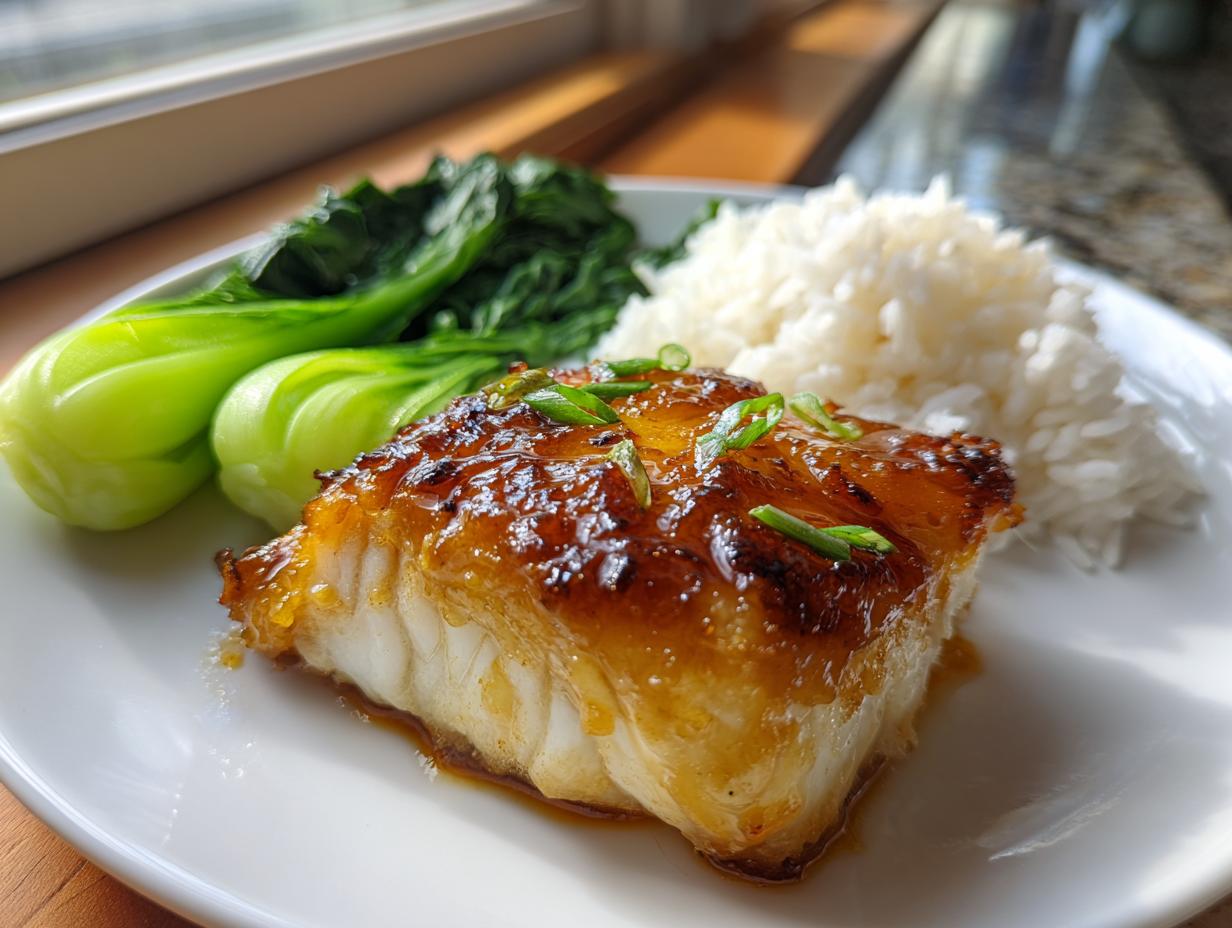 A perfectly cooked piece of miso glazed chilean sea bass served with white rice and steamed bok choy.
