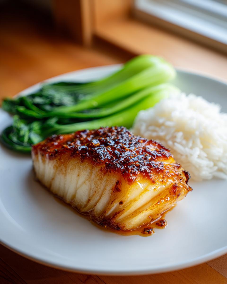 A perfectly cooked fillet of miso glazed chilean sea bass served with white rice and bok choy.