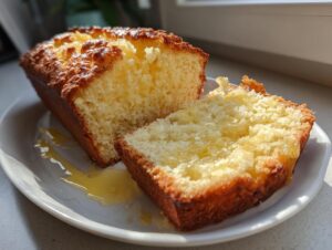 A sliced loaf of golden brown beer bread drizzled with honey, showing its moist, yellow crumb texture.