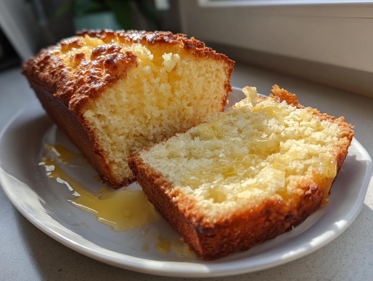A sliced loaf of golden brown beer bread drizzled with honey, showing its moist, yellow crumb texture.