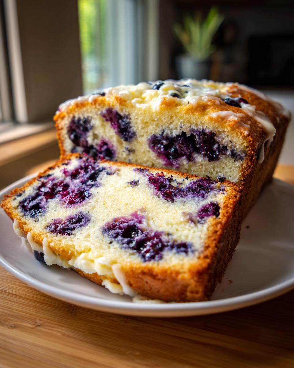 A slice cut from a loaf of moist Blueberry Cream Cheese Bread, showing rich purple blueberries and a cream cheese swirl.