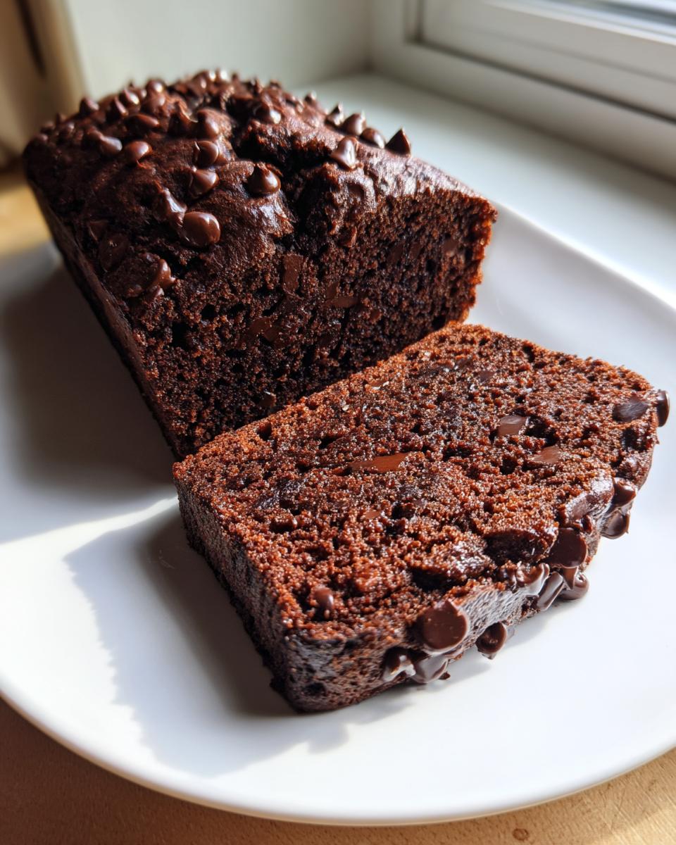 A rich, dark chocolate banana bread loaf with a slice cut, topped generously with melted chocolate chips.