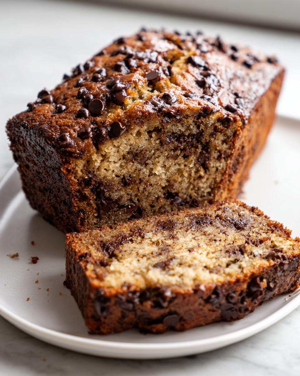 A loaf of moist chocolate banana bread with a slice cut, topped generously with chocolate chips.