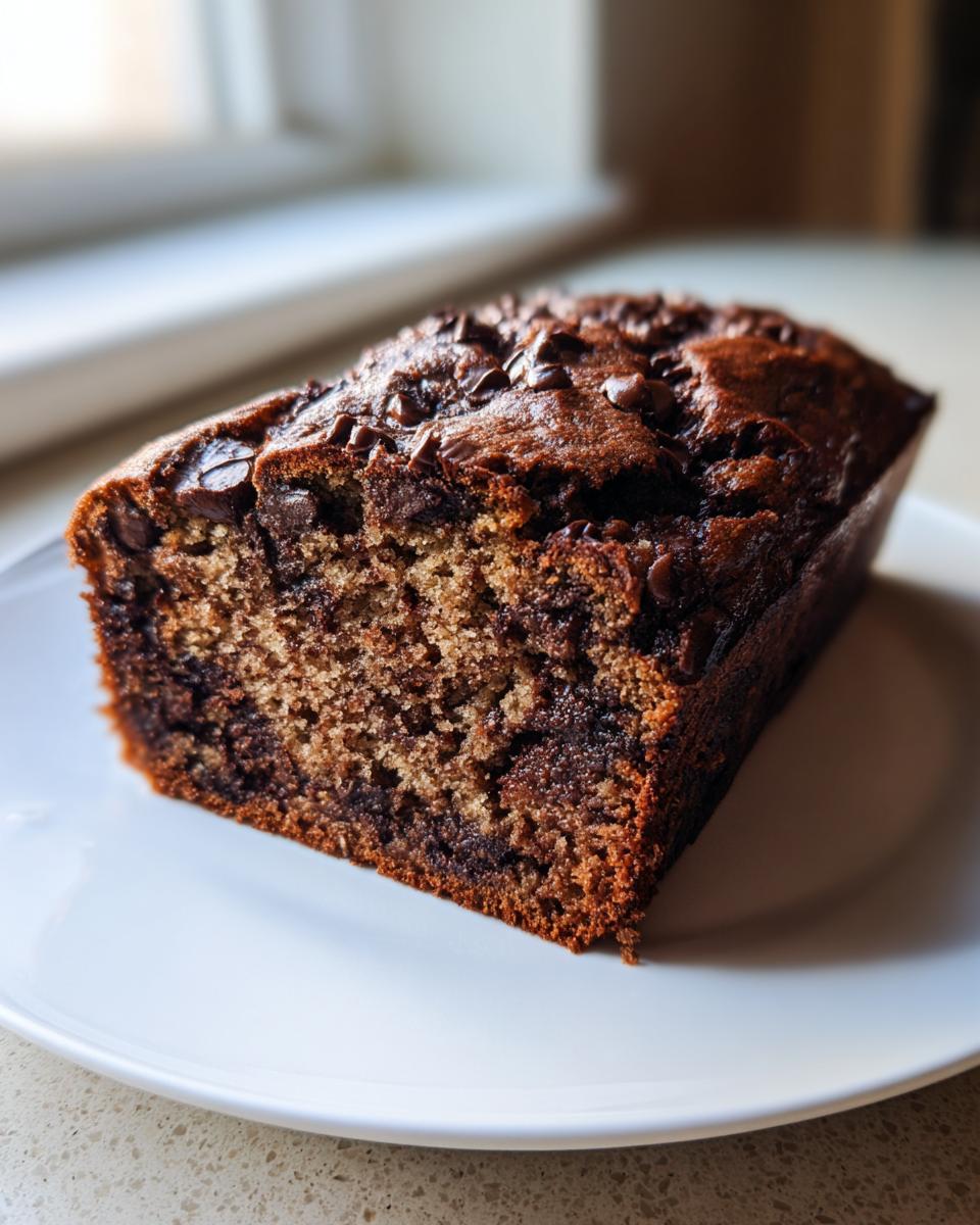 A close-up of a slice of moist chocolate banana bread topped with melted chocolate chips on a white plate.