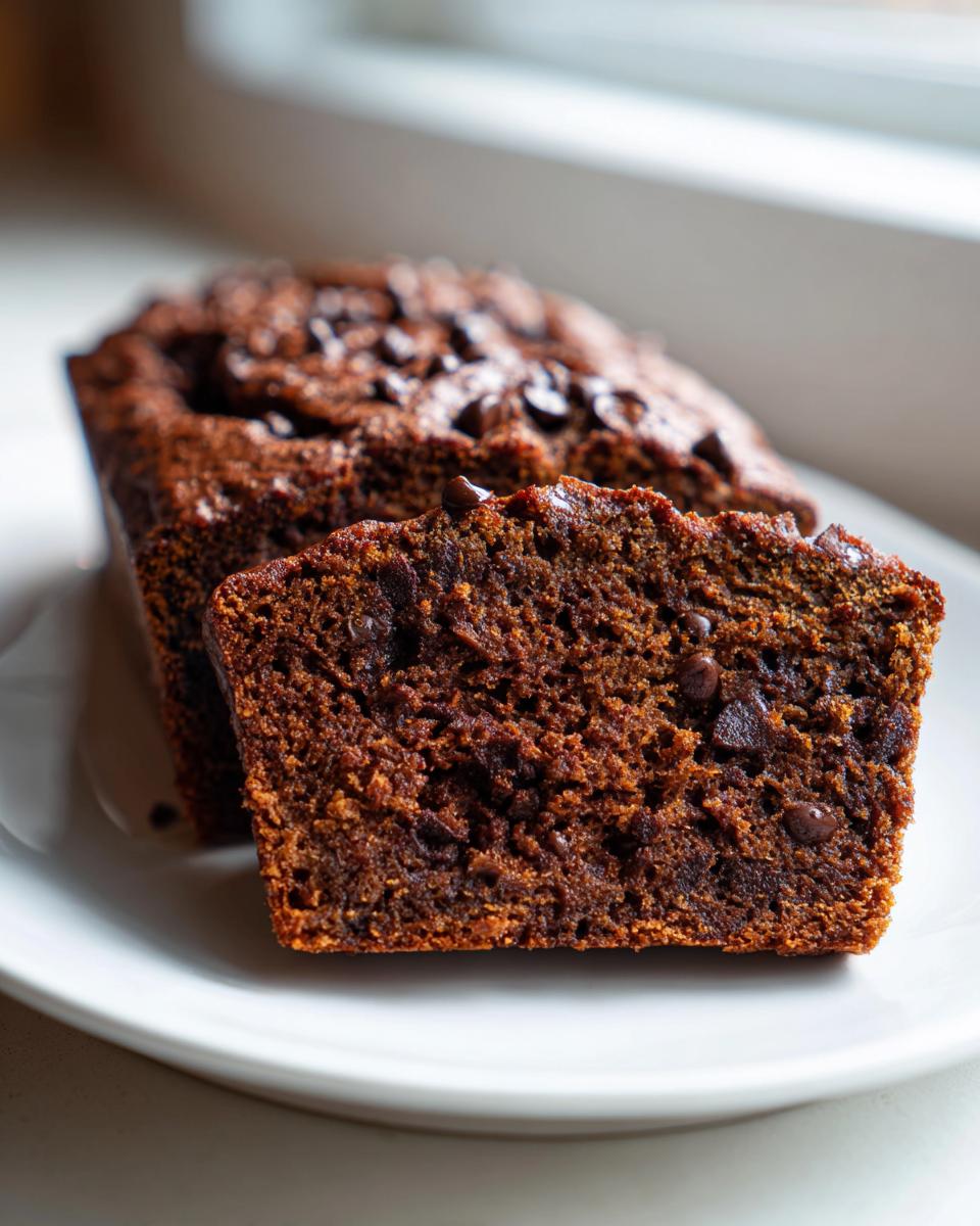 Close-up of a moist slice of dark chocolate banana bread studded with chocolate chips on a white plate.
