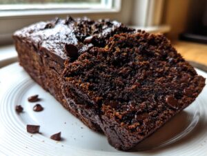 A slice cut from a loaf of rich, dark chocolate banana bread studded with chocolate chips.