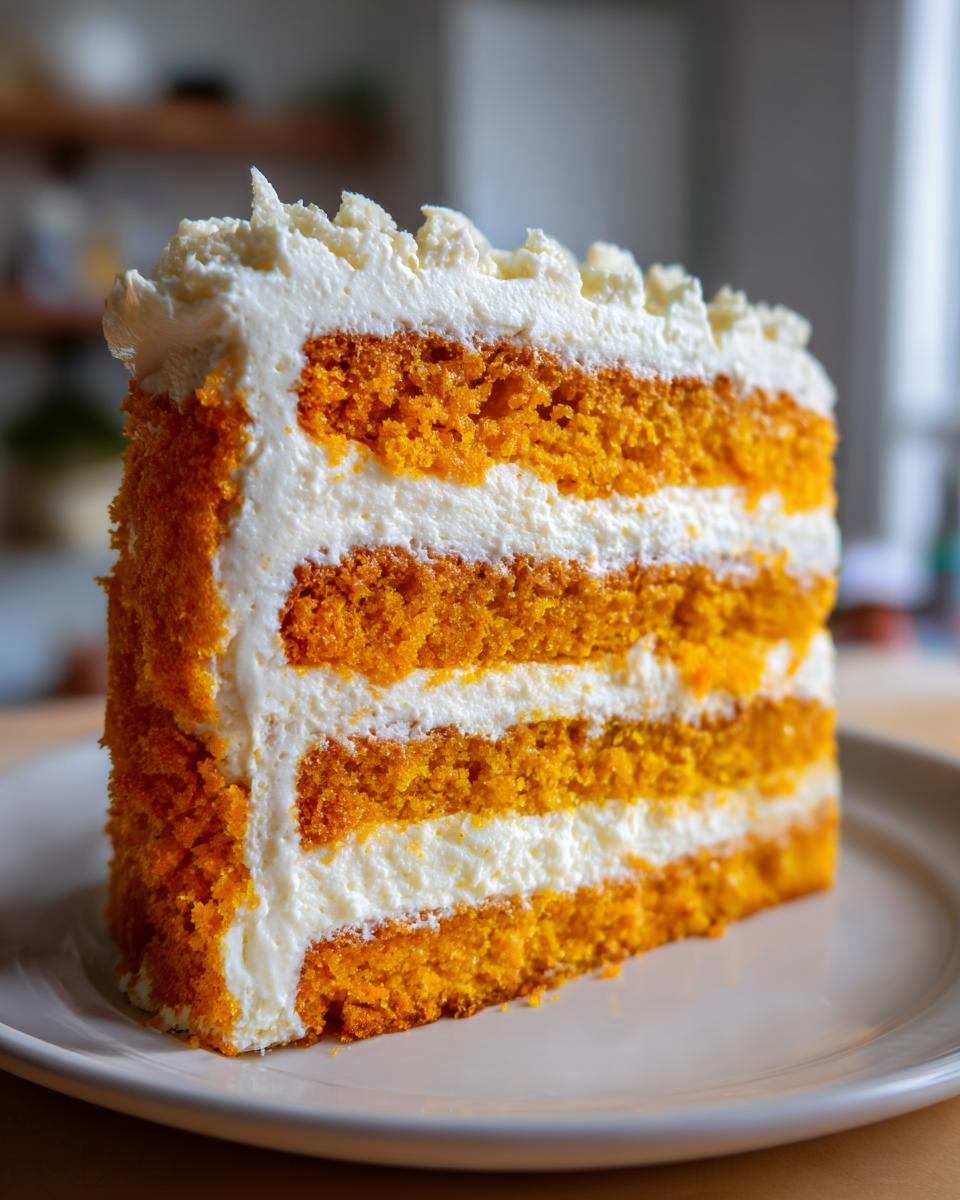 A tall slice of moist Creamsicle Cake featuring four bright orange layers separated by thick white cream frosting.