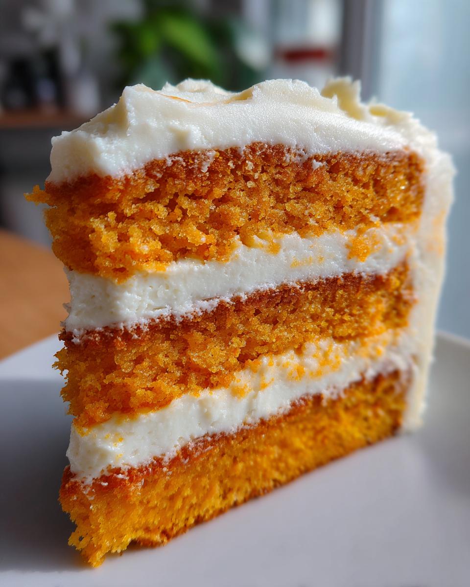 Close-up of a tall slice of moist Creamsicle Cake showing three orange layers and white frosting.