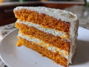 Close-up of a moist slice of Creamsicle Cake with three layers of bright orange cake and white frosting.