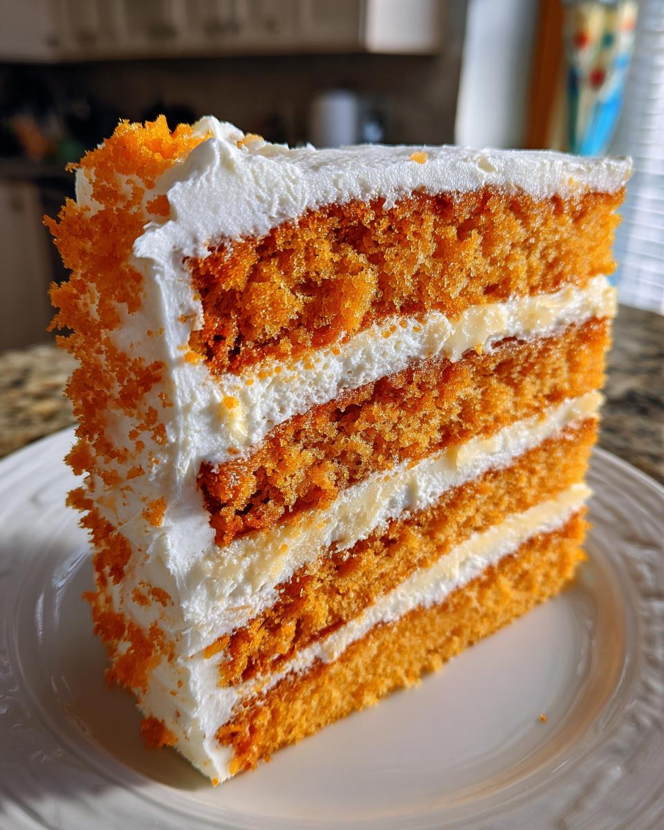 Close-up of a tall slice of Creamsicle Cake showing four orange layers separated by white frosting.