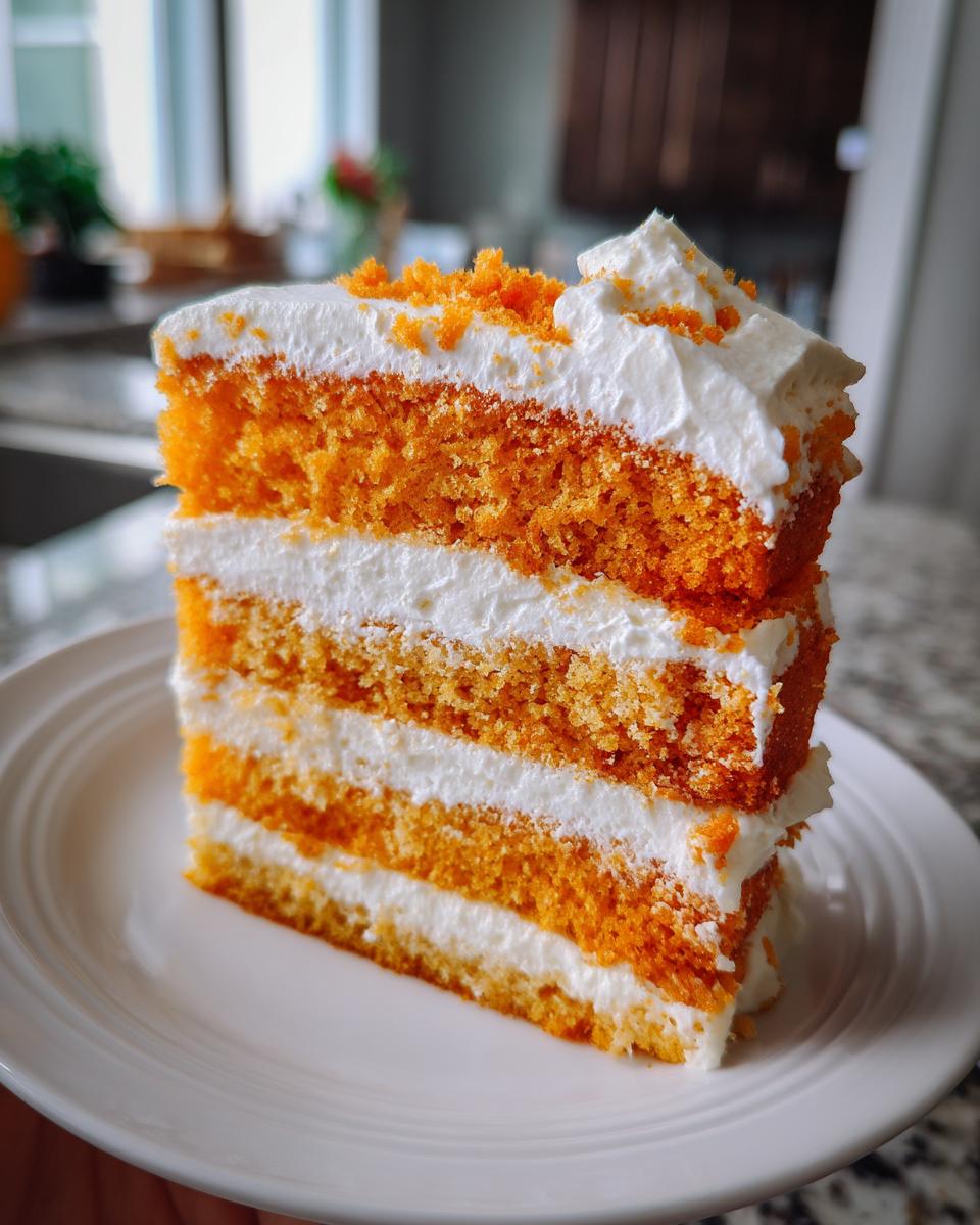 A tall, moist slice of Creamsicle Cake featuring three layers of bright orange cake separated by white frosting.