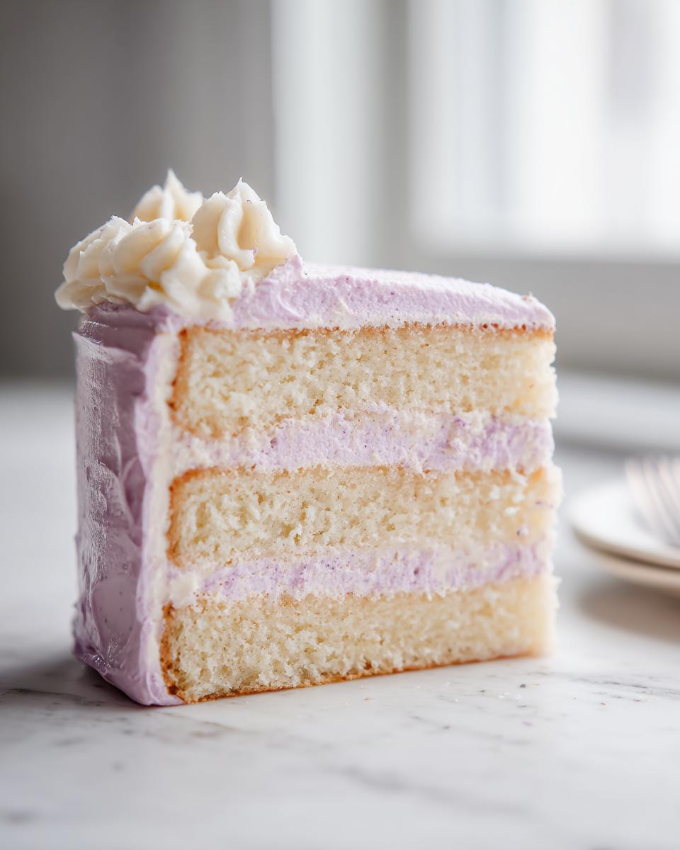 A tall, moist slice of three-layer lavender cake with pale purple frosting and white piped decorations.