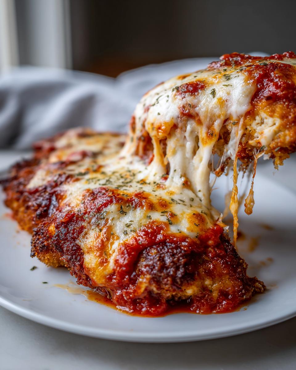 Close-up of a serving of olive garden chicken parmesan recipe being lifted, showing melted, stretchy mozzarella cheese and marinara sauce.