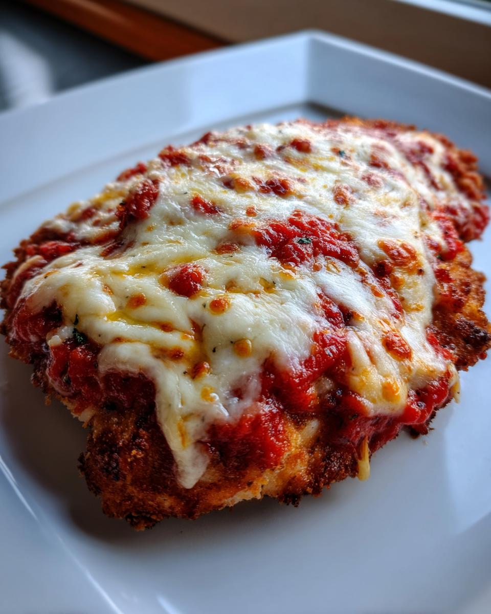 Close-up of a breaded chicken cutlet topped with melted mozzarella and rich marinara sauce, perfect for an olive garden chicken parmesan recipe.