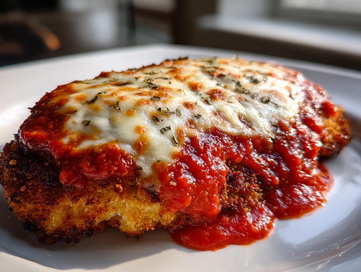 Close-up of crispy breaded chicken topped with marinara sauce and melted mozzarella cheese for an olive garden chicken parmesan recipe.