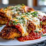 Close-up of crispy chicken breast topped with marinara sauce, melted mozzarella, and parsley for an olive garden chicken parmesan recipe.