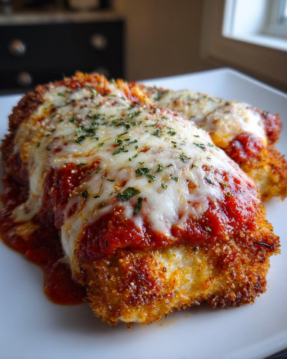Close-up of breaded chicken topped with marinara sauce, melted mozzarella, and parsley for an olive garden chicken parmesan recipe.
