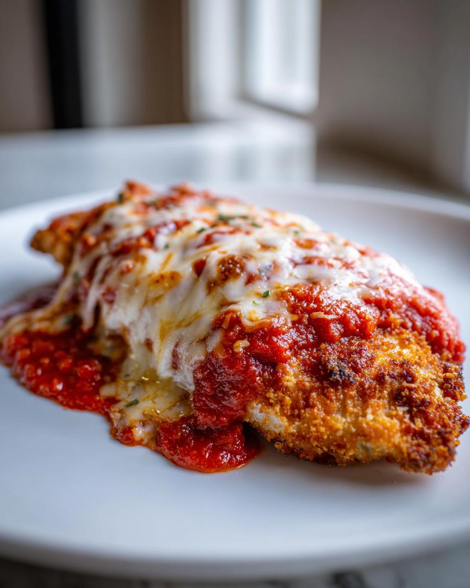 Close-up of a breaded chicken breast covered in rich marinara sauce and melted mozzarella cheese from the olive garden chicken parmesan recipe.