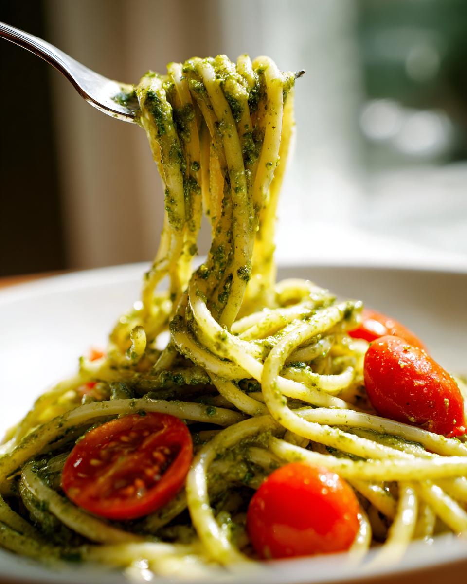 A fork lifts strands of pasta coated in creamy pesto sauce from a bowl of one pan creamy pesto pasta with cherry tomatoes.
