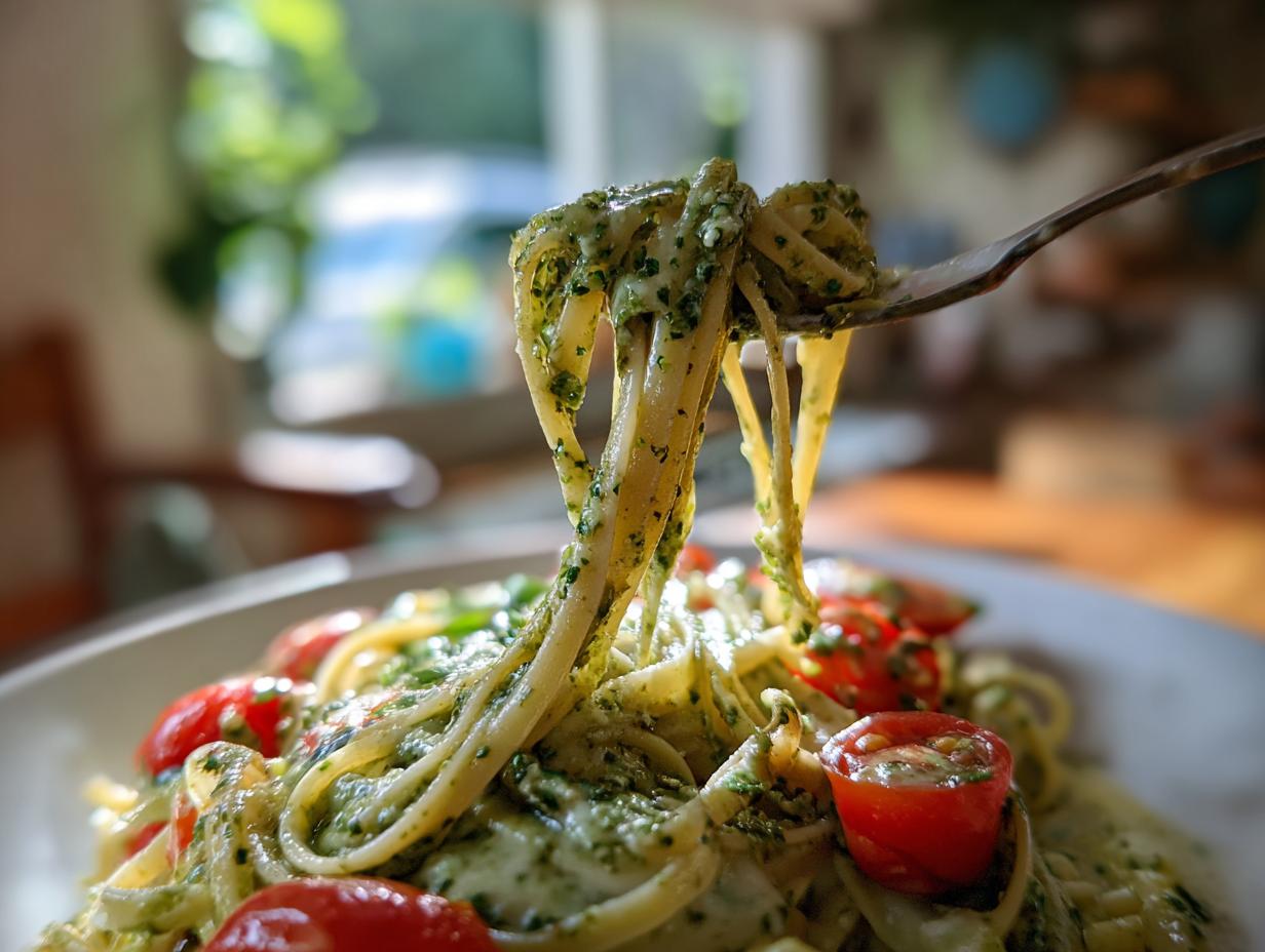 Close-up of linguine noodles coated in creamy pesto pasta being lifted by a fork, mixed with halved cherry tomatoes.